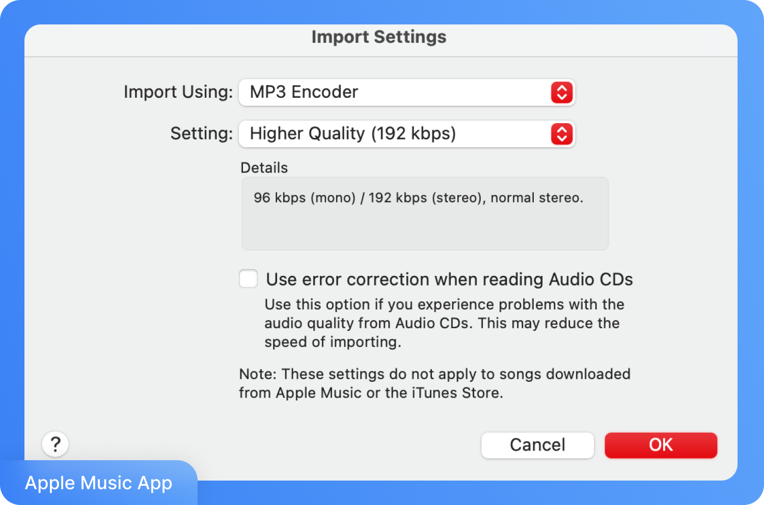У вікні налаштувань імпорту музичного додатка вибрано «MP3-кодувальник» із параметром «Висока якість (192 кбіт/с)». Також відображаються опції виправлення помилок під час читання аудіо-CD та деталі щодо бітрейту.