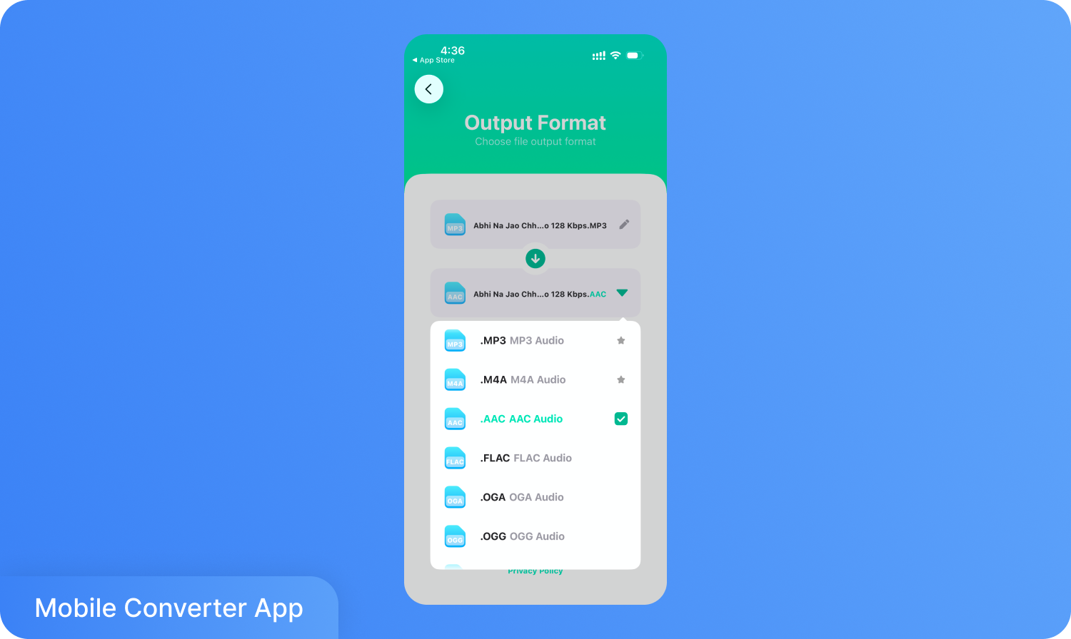 Екран смартфона з додатком для конвертації аудіо. На екрані «Вихідний формат» відображаються такі варіанти, як MP3, M4A, AAC, FLAC, OGA та OGG.