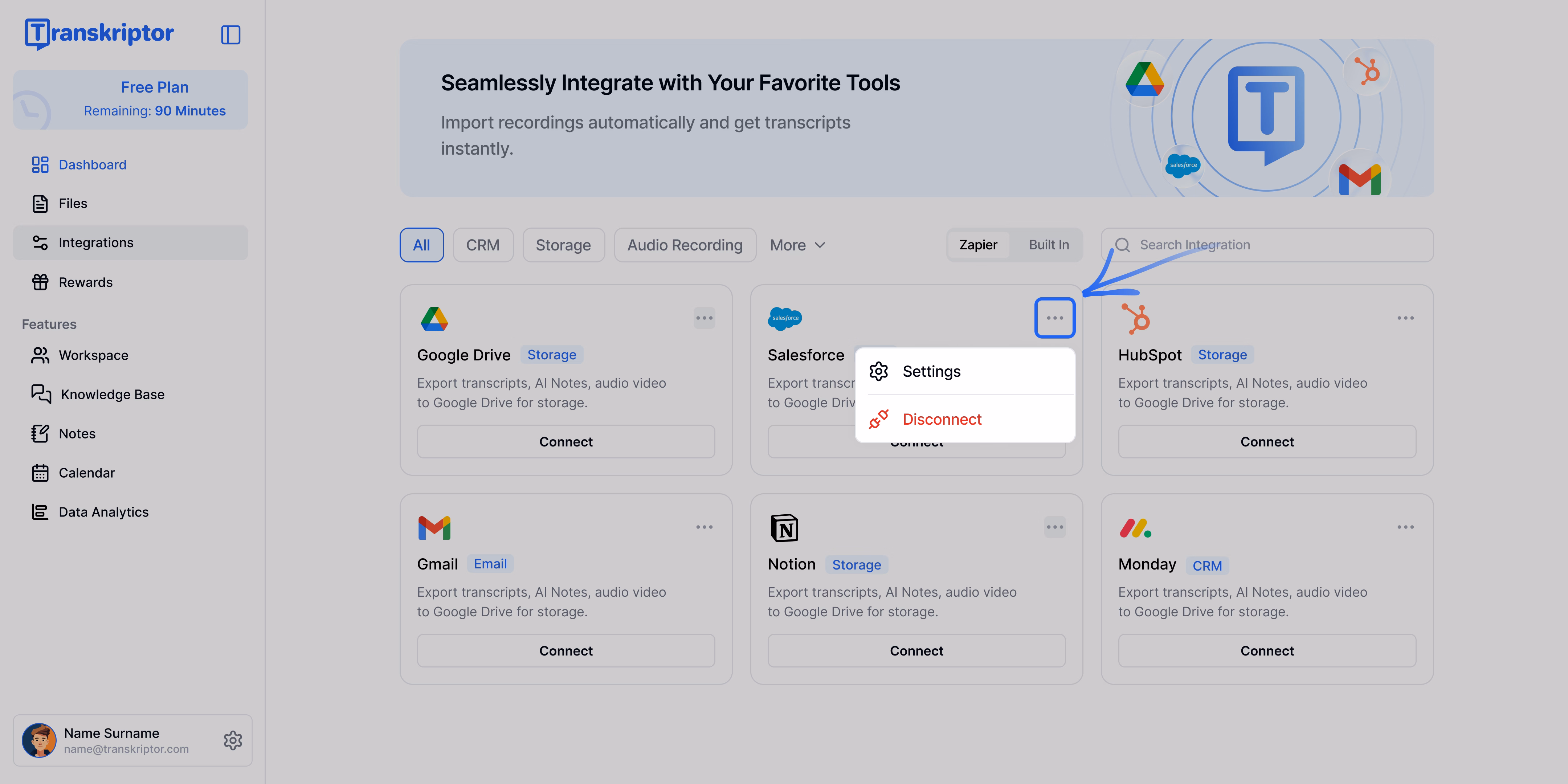 ממשק Transkriptor מראה הגדרות אינטגרציה עם Salesforce.