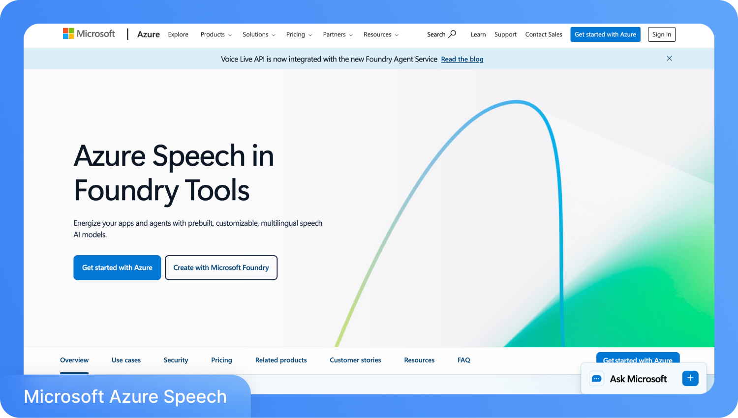Screenshot van de Microsoft Azure Speech in Foundry Tools webpagina met knoppen voor "Aan de slag met Azure" en "Creëren met Microsoft Foundry".