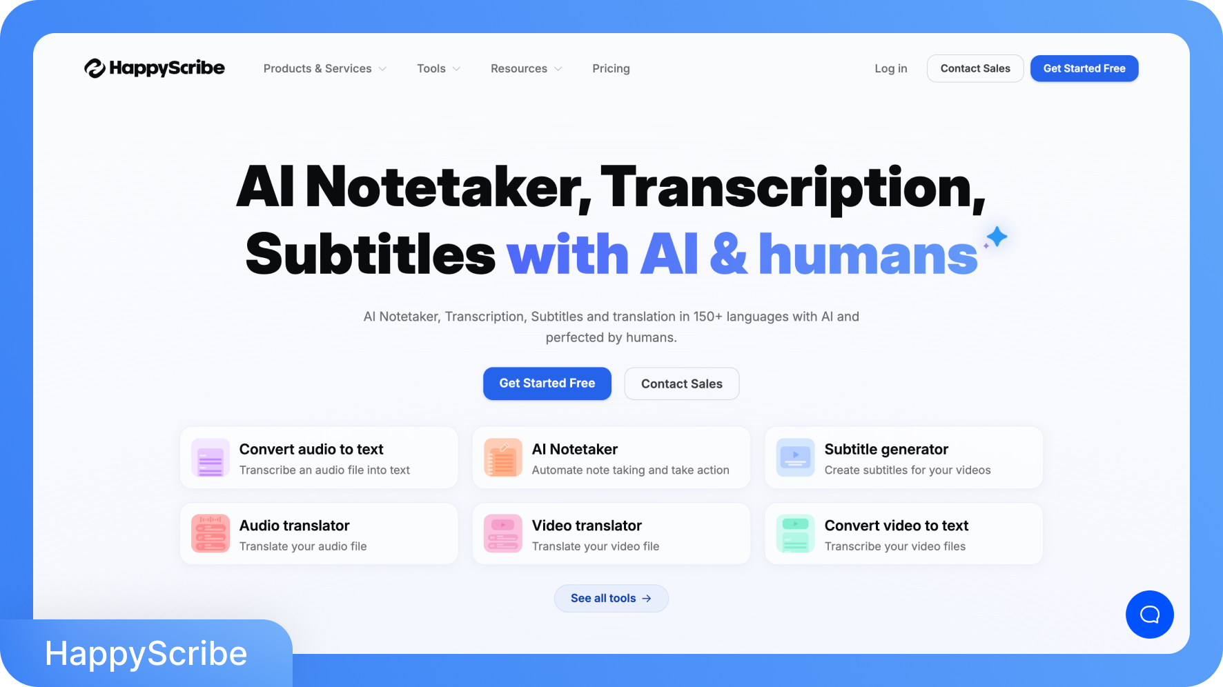 หน้าแรกของ Happy Scribe แสดงบริการจดบันทึกด้วย AI, การถอดความ และคำบรรยายใต้ภาพ พร้อมตัวเลือกสำหรับการแปลงไฟล์เสียงและวิดีโอ