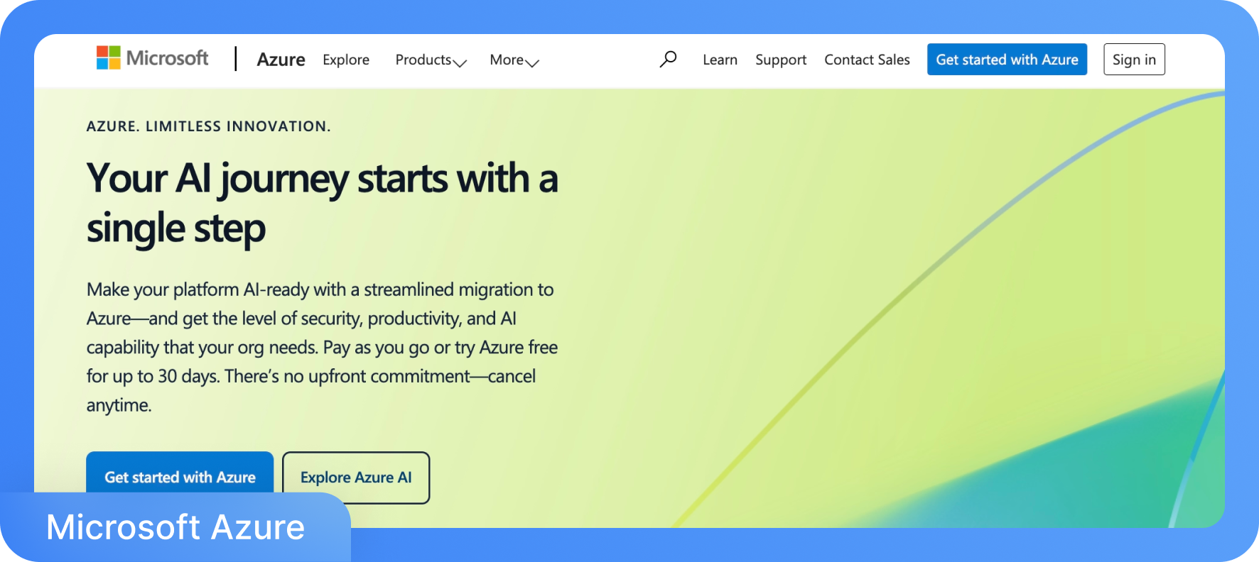 宣传 AI 能力的 Microsoft Azure 首页