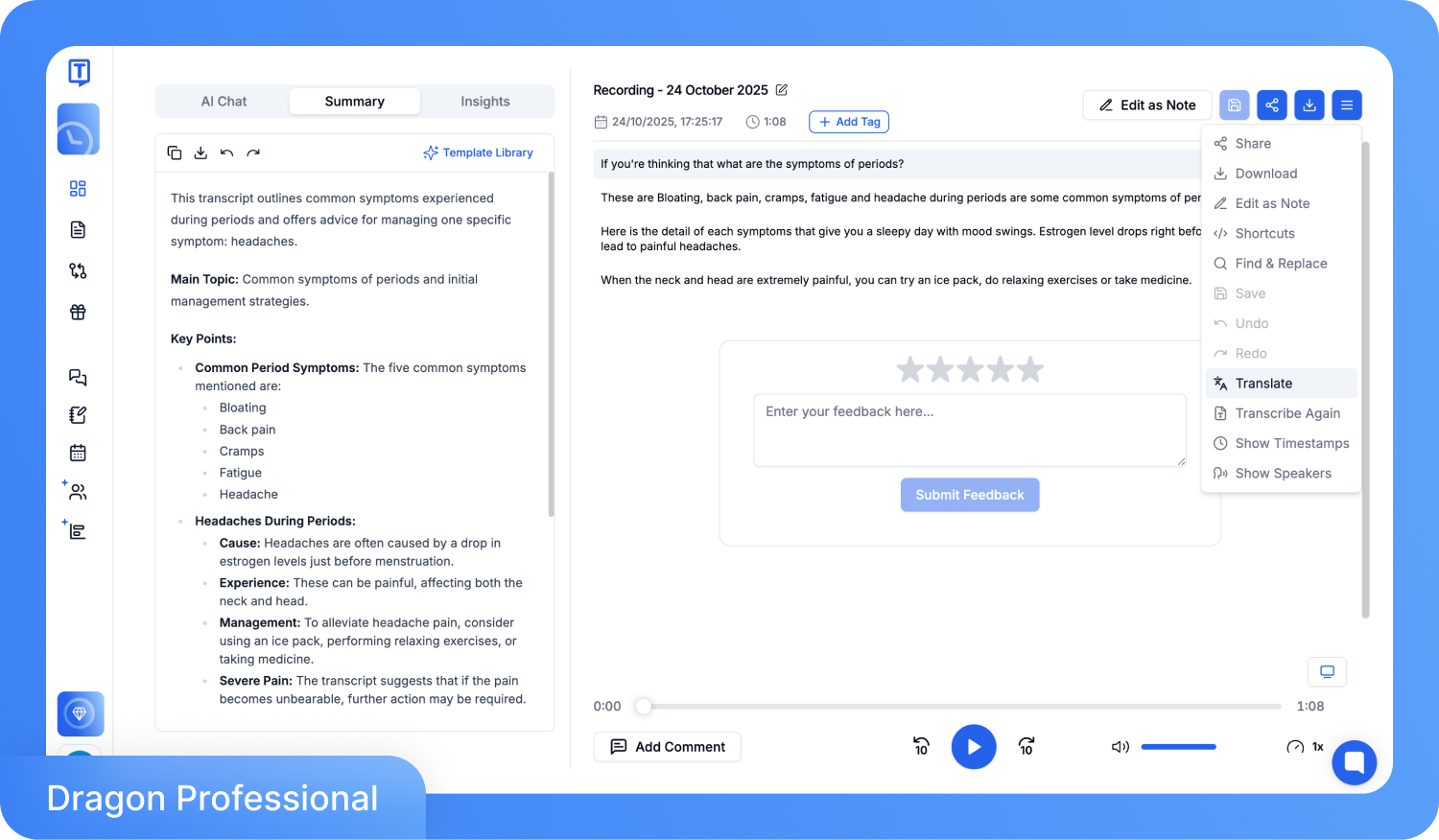 Egy átíró szoftver felületének képernyőképe: a gyakori menstruációs tünetek és kezelési stratégiák összefoglalója látható, fordítási és újraírási opciókkal.