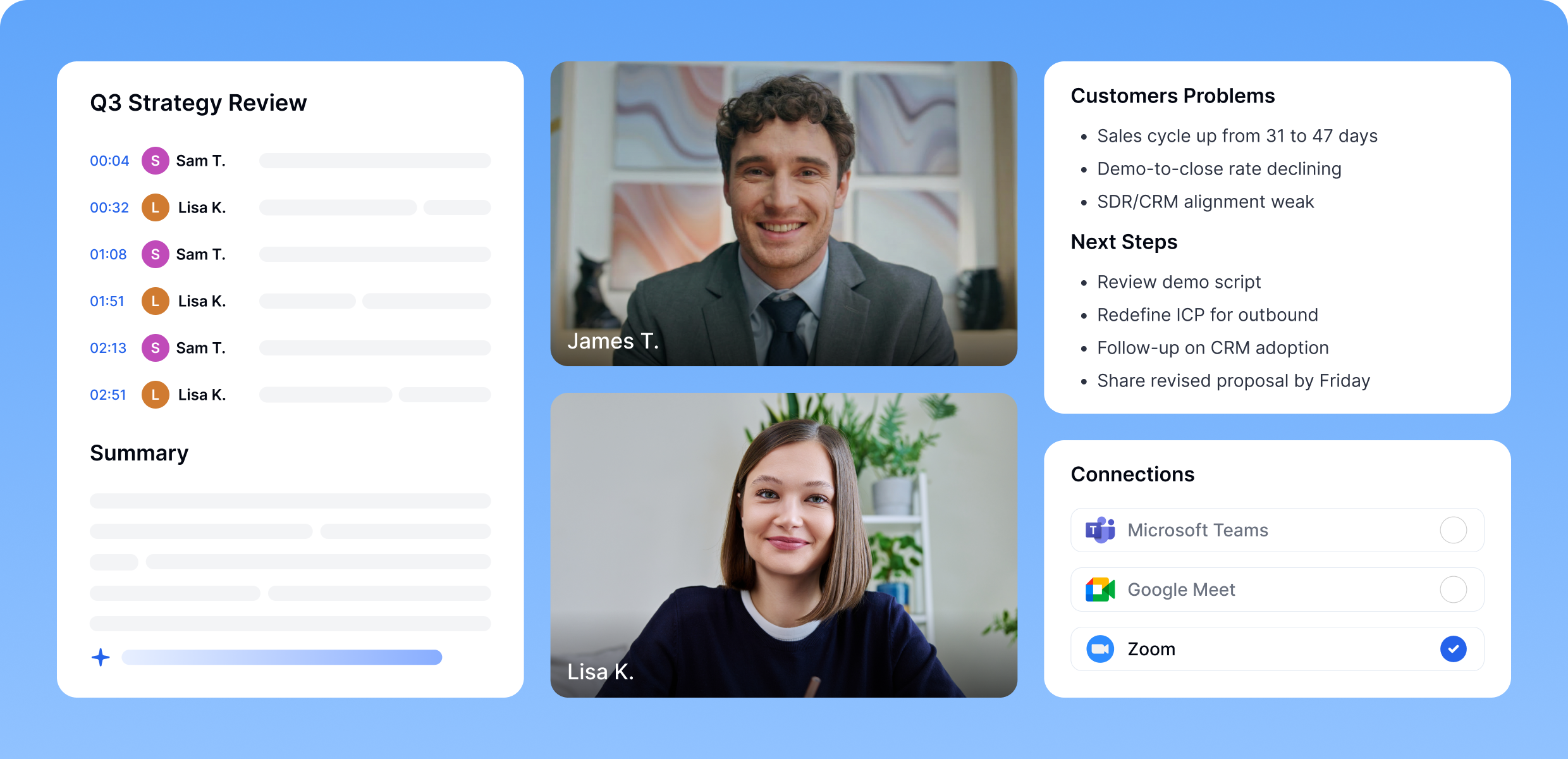 一张视频会议工具的截图，显示参与者 James T. 和 Lisa K.，以及会议记录、客户问题、后续步骤，以及 Microsoft Teams、Google Meet 和 Zoom 的连接选项。
