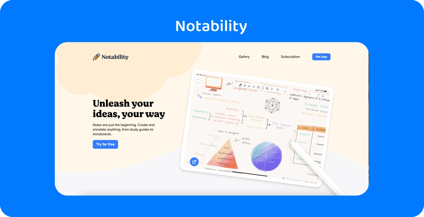 Интерфейс на Notability с инструменти за бързо преобразуване на аудио в редактируем текст на екран на таблет.