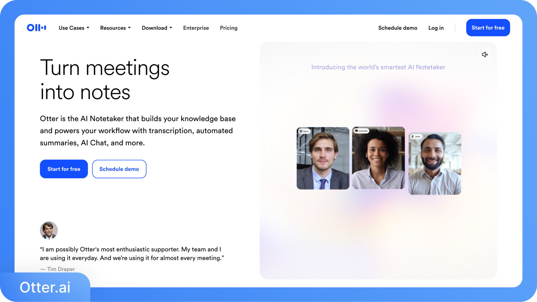 Screenshot della homepage di Otter.ai che mostra le funzionalità basate sull'IA per trasformare le riunioni in note scritte.