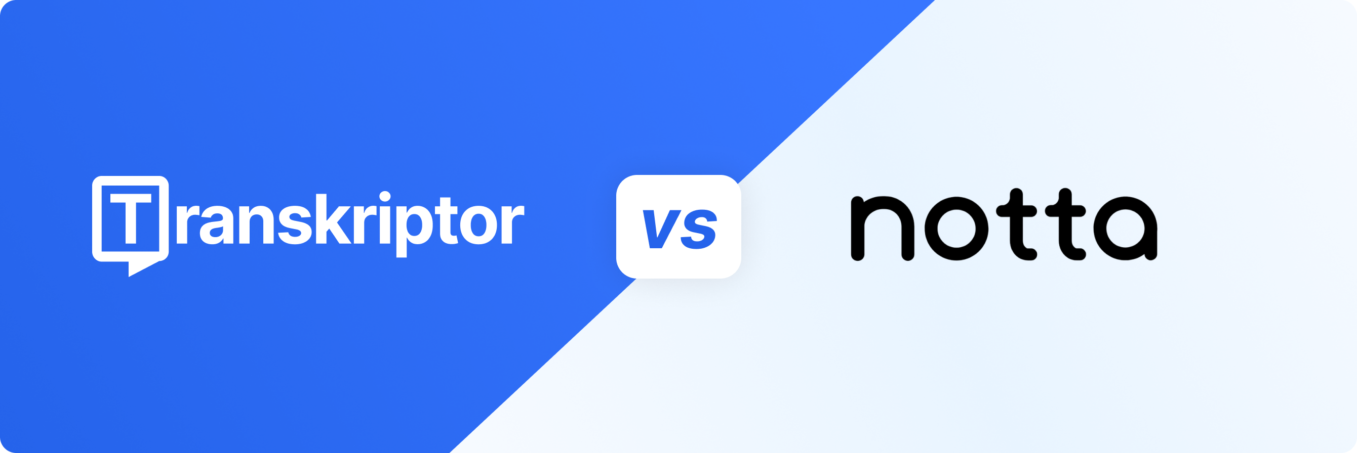 Una grafica blu e bianca che mette a confronto i loghi di Notta e Transkriptor, con la scritta "vs" al centro