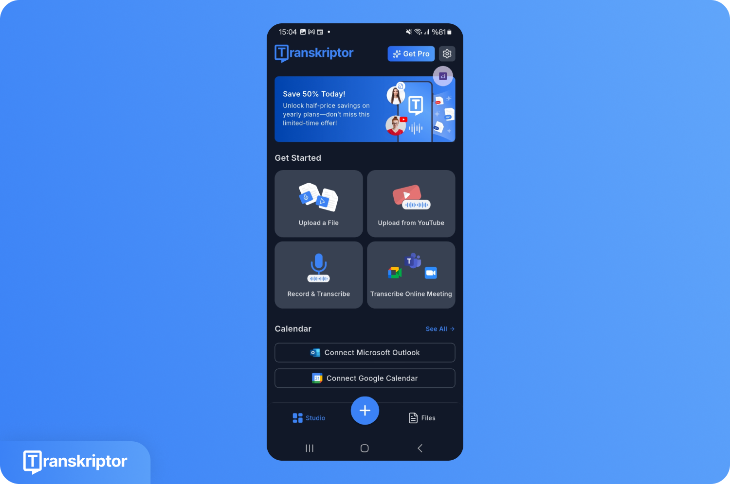 Transkriptor 安卓应用主屏幕截图，展示了上传、录音和转录功能选项。