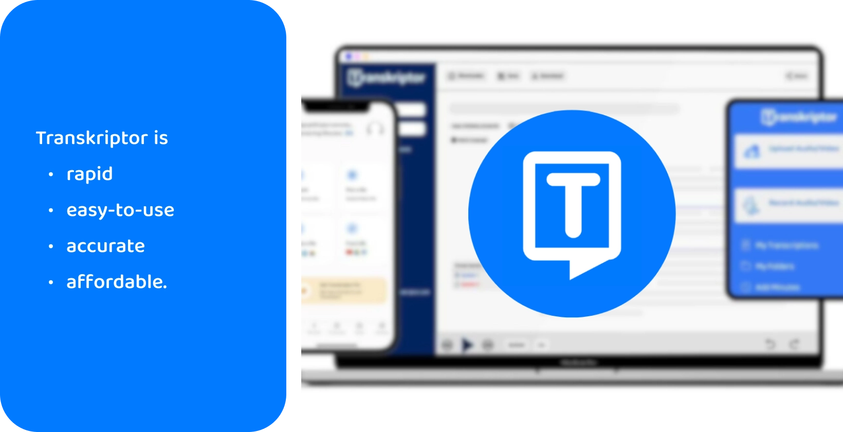 Екрани на телефон и компютър с приложението Transkriptor, показващи функциите за транскрипция на аудио в реално време.