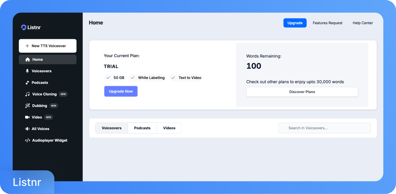 Екранна снимка на таблото за управление на софтуера за преобразуване на текст в реч Listnr, показваща секцията „Начало“ с подробности за пробния план и броя на думите.