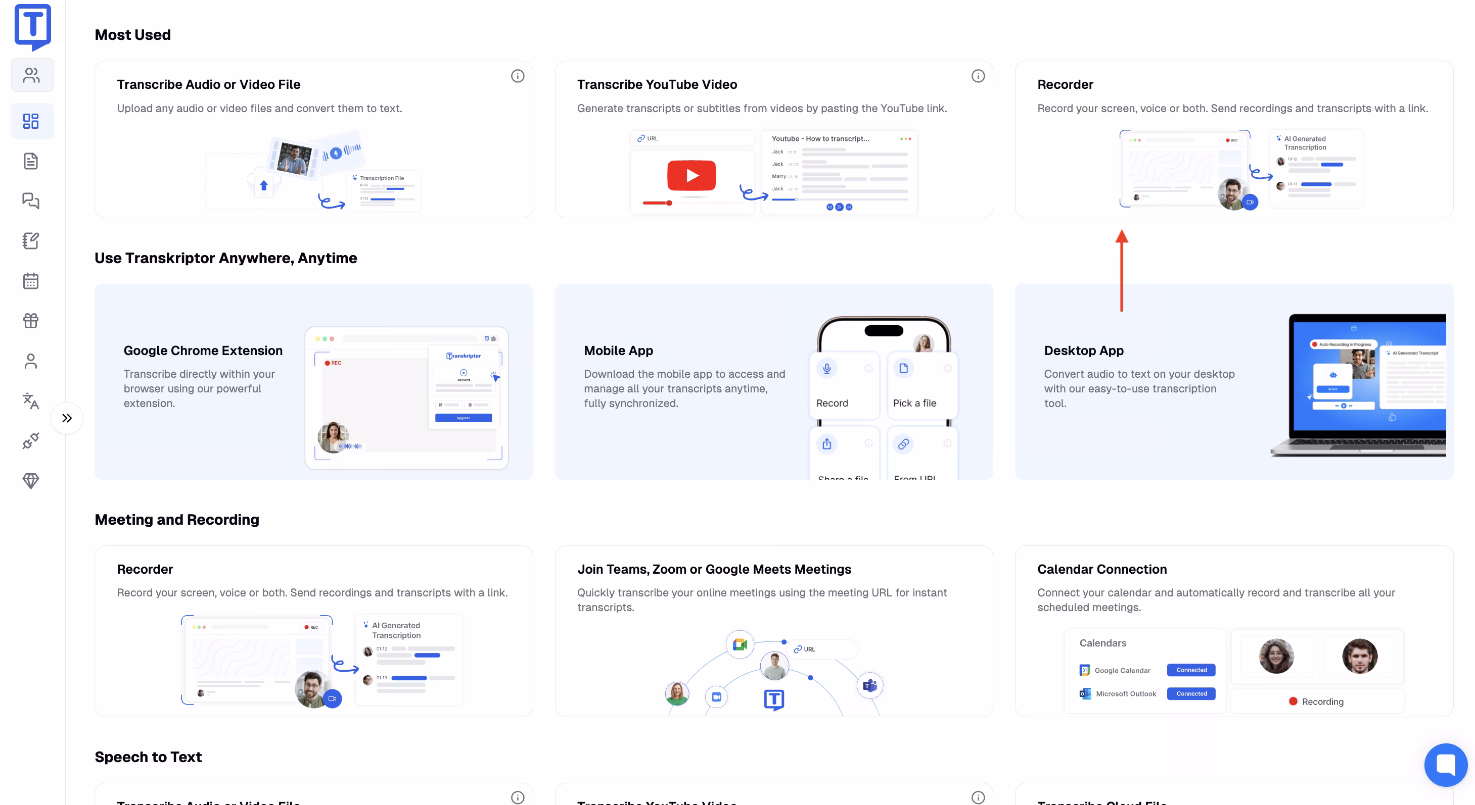 Панель керування Transkriptor з інструментами для транскрипції аудіо та відео, мобільними та десктопними додатками тощо.