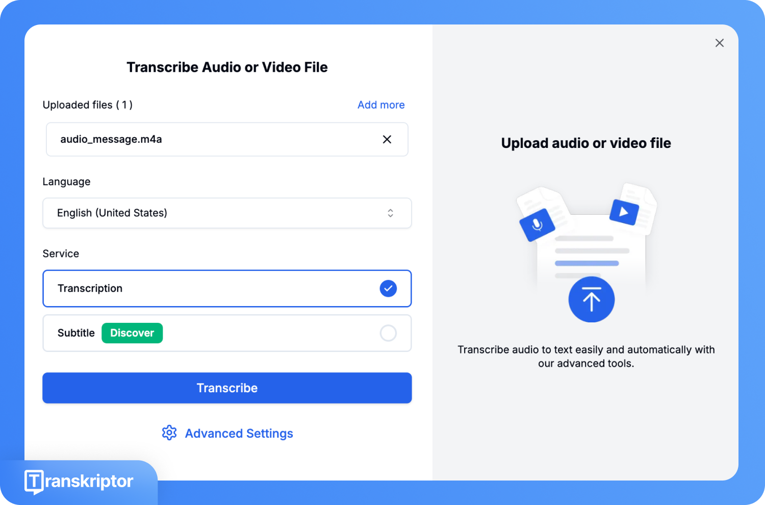 Скриншот інтерфейсу Transkriptor для розшифрування аудіо чи відео: показано завантажений файл M4A, готовий до обробки.