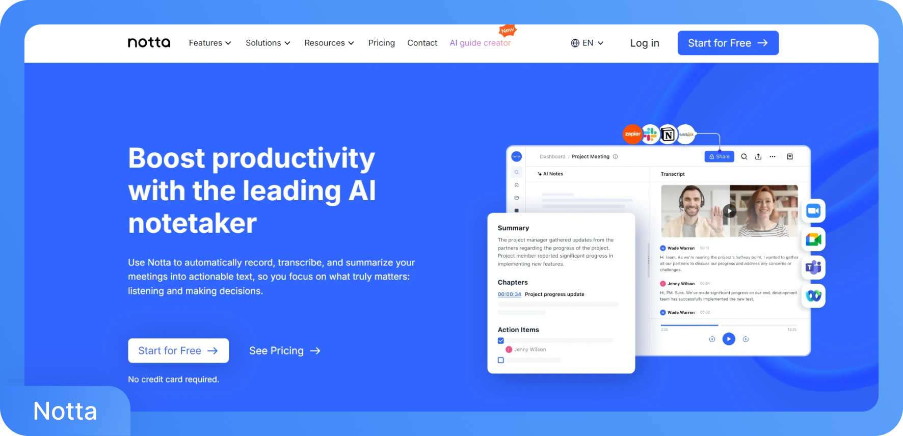La dashboard del software AI notetaker di Notta mostra il riepilogo della riunione, la transkription, il video e le azioni da intraprendere.