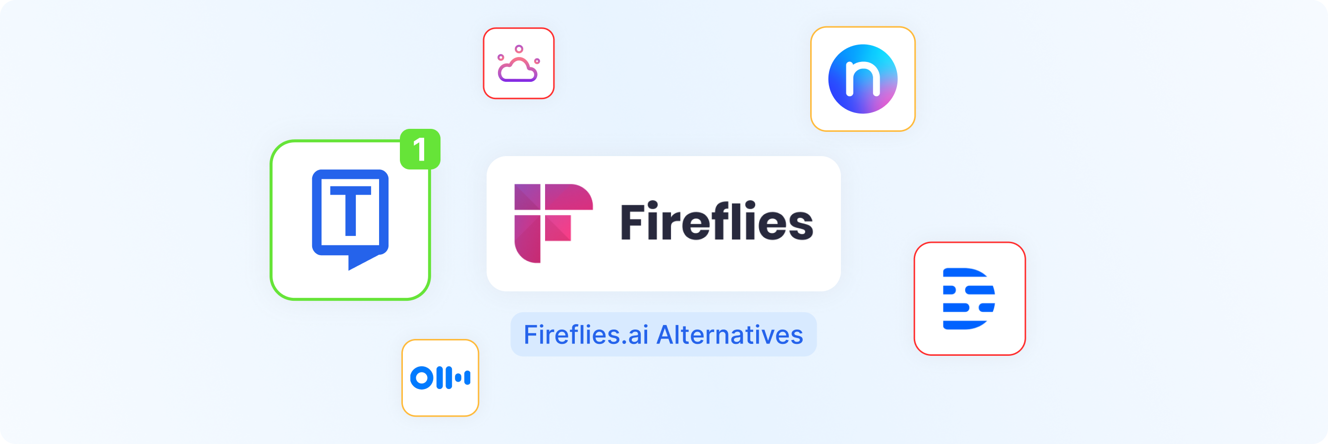 밝은 배경 위에 놓인 Fireflies.ai 및 Teams, Notion, Otter.ai와 같은 여러 대체 앱의 로고.