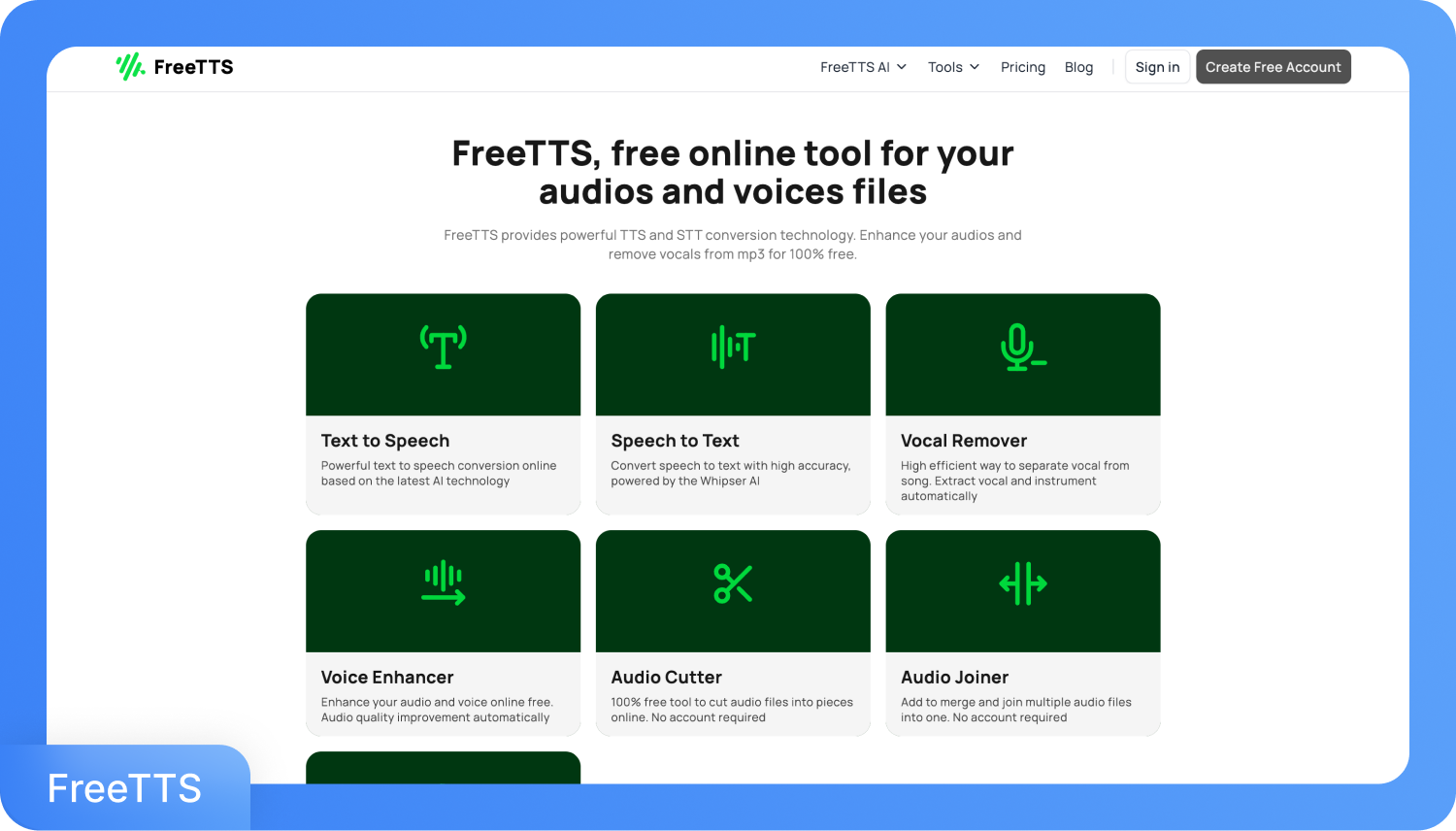 Екранна снимка на уебсайта FreeTTS, показваща инструментите му за преобразуване на текст в реч, реч в текст, премахване на вокали, подобряване на гласа, рязане и съединяване на аудио.
