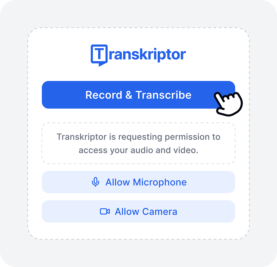 צילום מסך של אפליקציית Transkriptor, המציג כפתור "הקלט ותמלל" ובקשות הרשאה לגישה למיקרופון ולמצלמה.