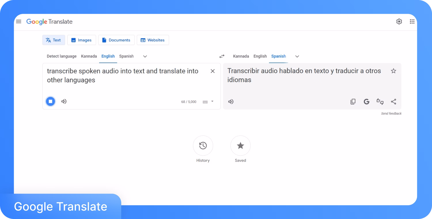 หน้าจอ Google Translate สำหรับการเปลี่ยนไฟล์เสียงเป็นข้อความและการแปลภาษา