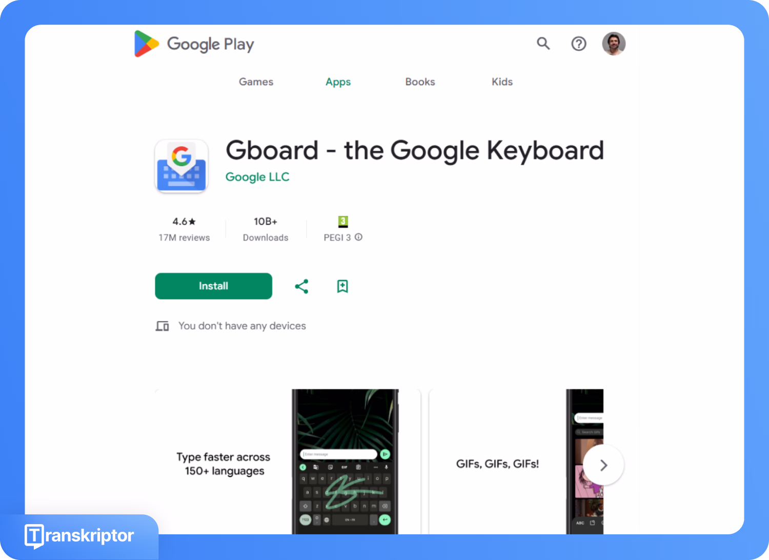 Google Play parduotuvės puslapis, rodantis Gboard klaviatūros programą su balso įvedimo funkcijomis
