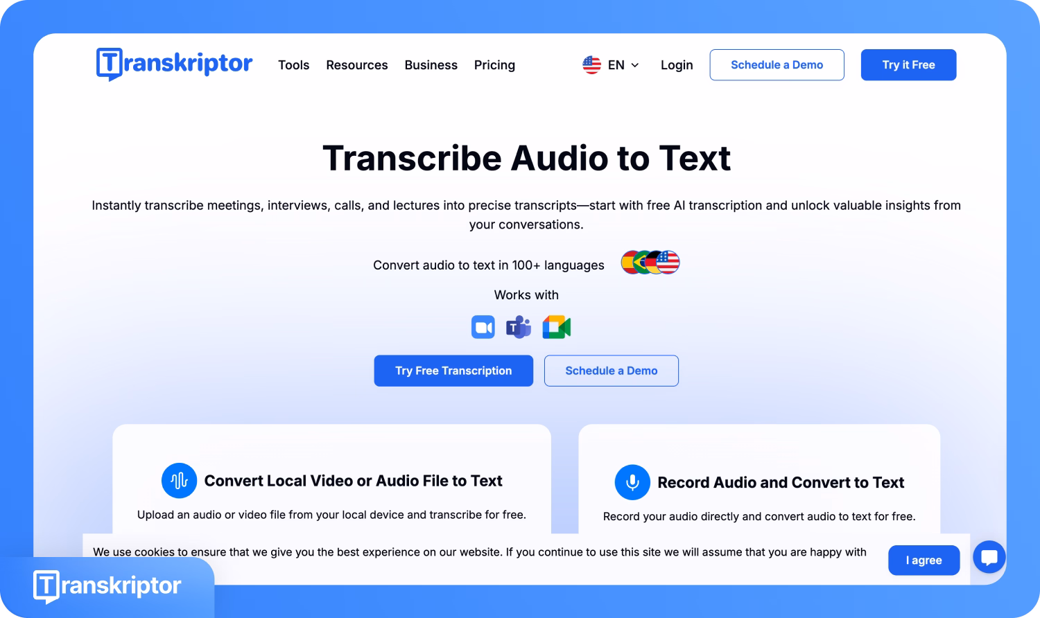 Transkriptor主页展示音频转文字转录服务。