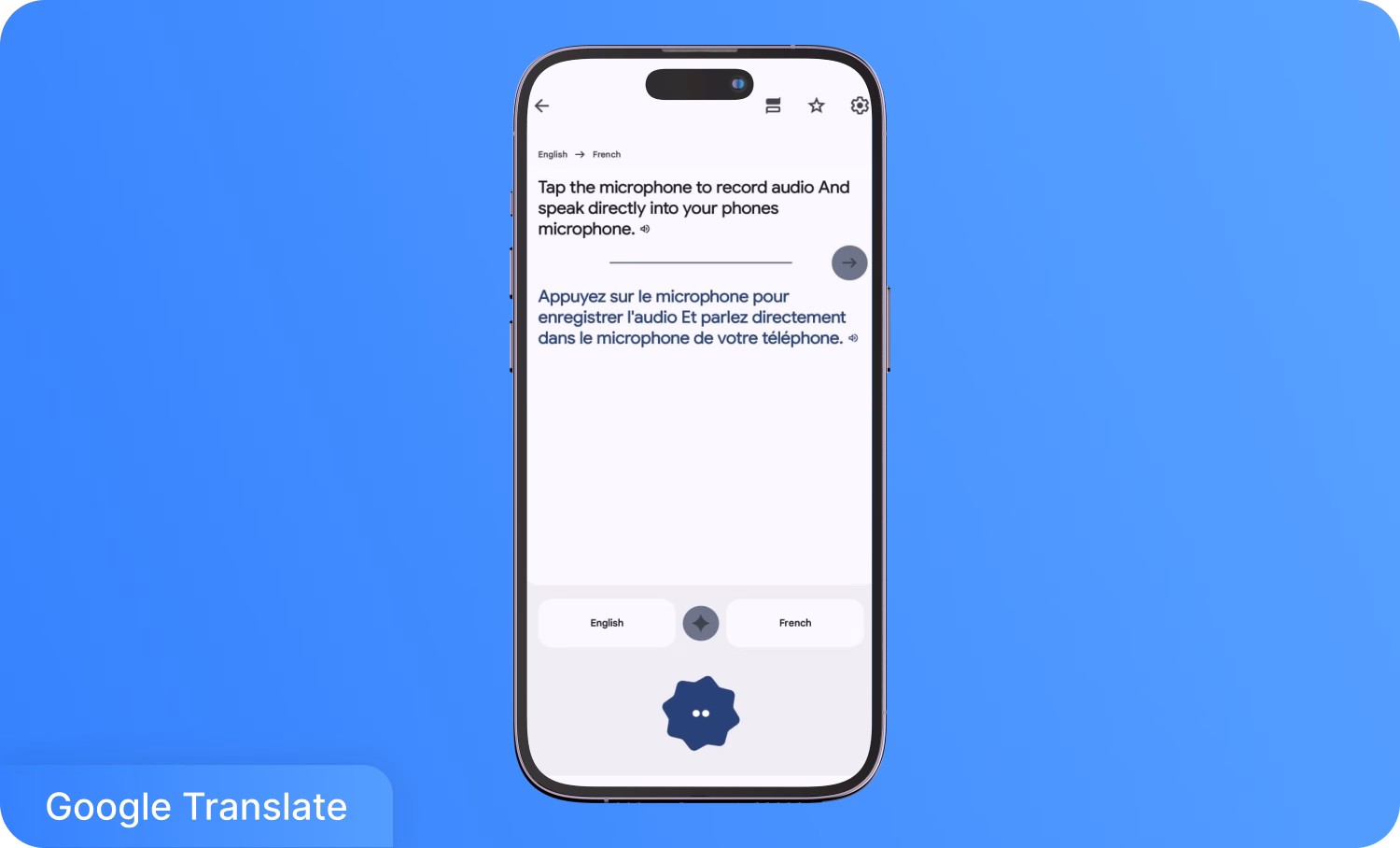 โทรศัพท์แสดงหน้าจอ Google Translate กำลังแปลงเสียงภาษาอังกฤษเป็นข้อความภาษาฝรั่งเศส