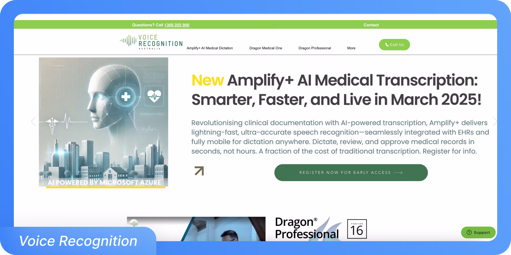 Voice Recognition Australia-Website mit Amplify+ AI medizinischer Transkriptionssoftware