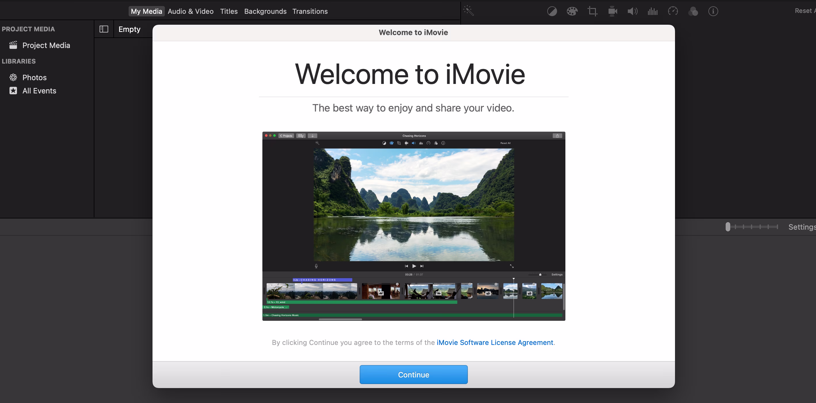 ממשק מסך הפתיחה של iMovie