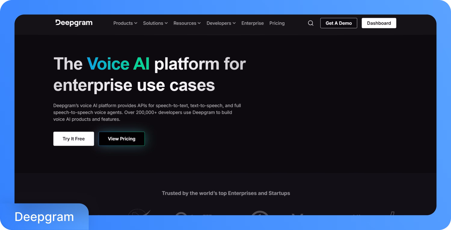 Plateforme d'IA vocale Deepgram pour applications d'entreprise.