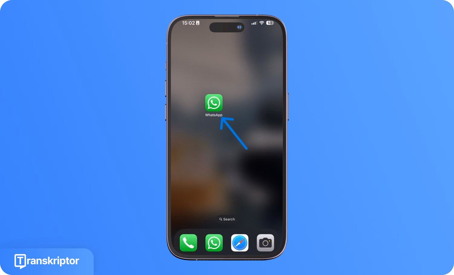 Smartphone screen showing WhatsApp icon with Transkriptor logo, illustrating how to dictate a WhatsApp message.