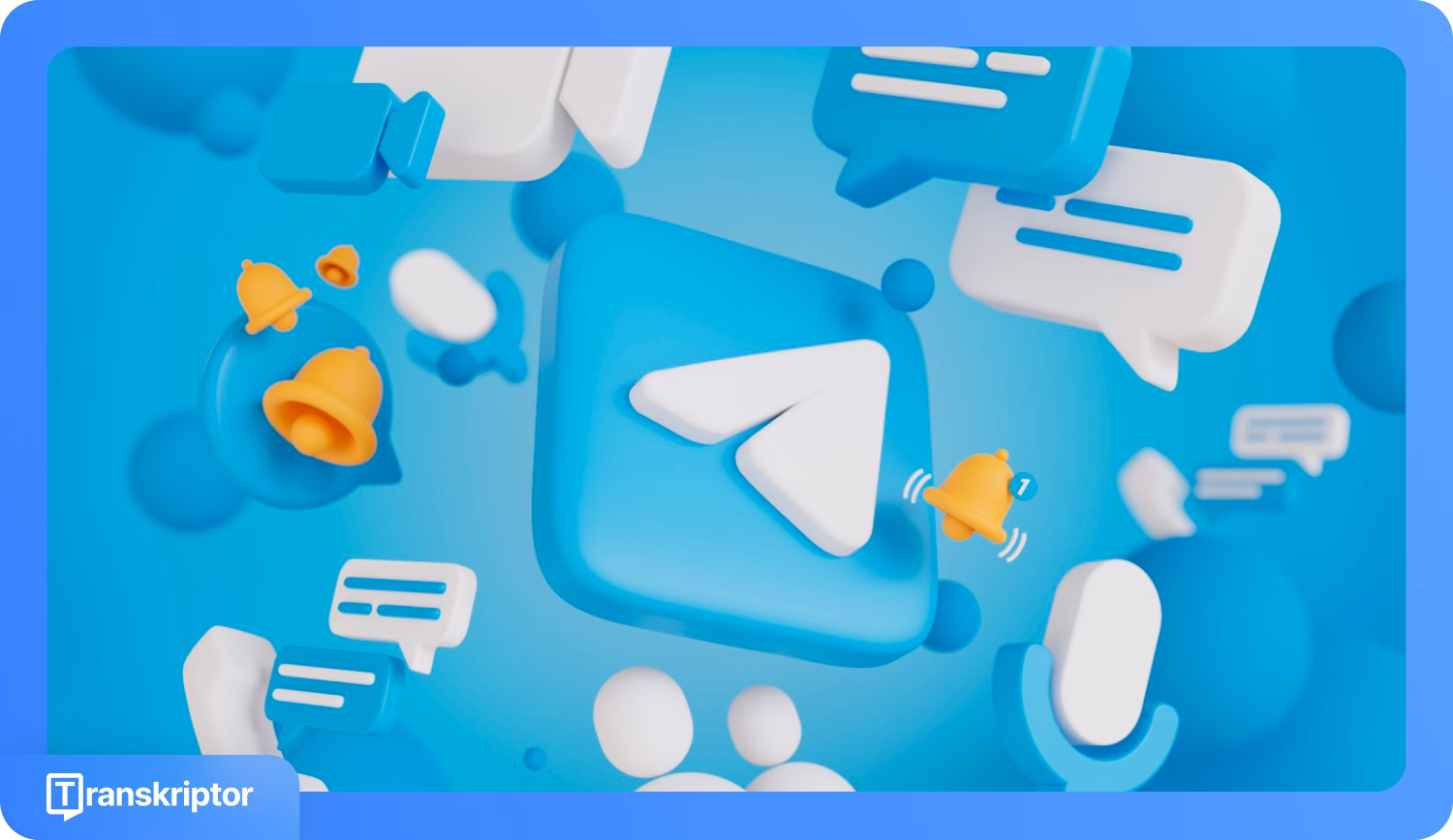 ไอคอน Telegram พร้อมฟองคำพูดและกระดิ่งแจ้งเตือนในธีมสีฟ้า แสดงร่วมกับ Transkriptor