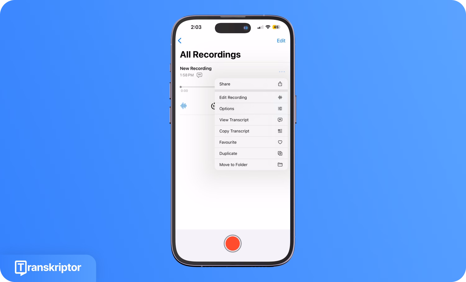 Экран iPhone с вариантами расшифровки голосовых заметок в приложении Transkriptor.