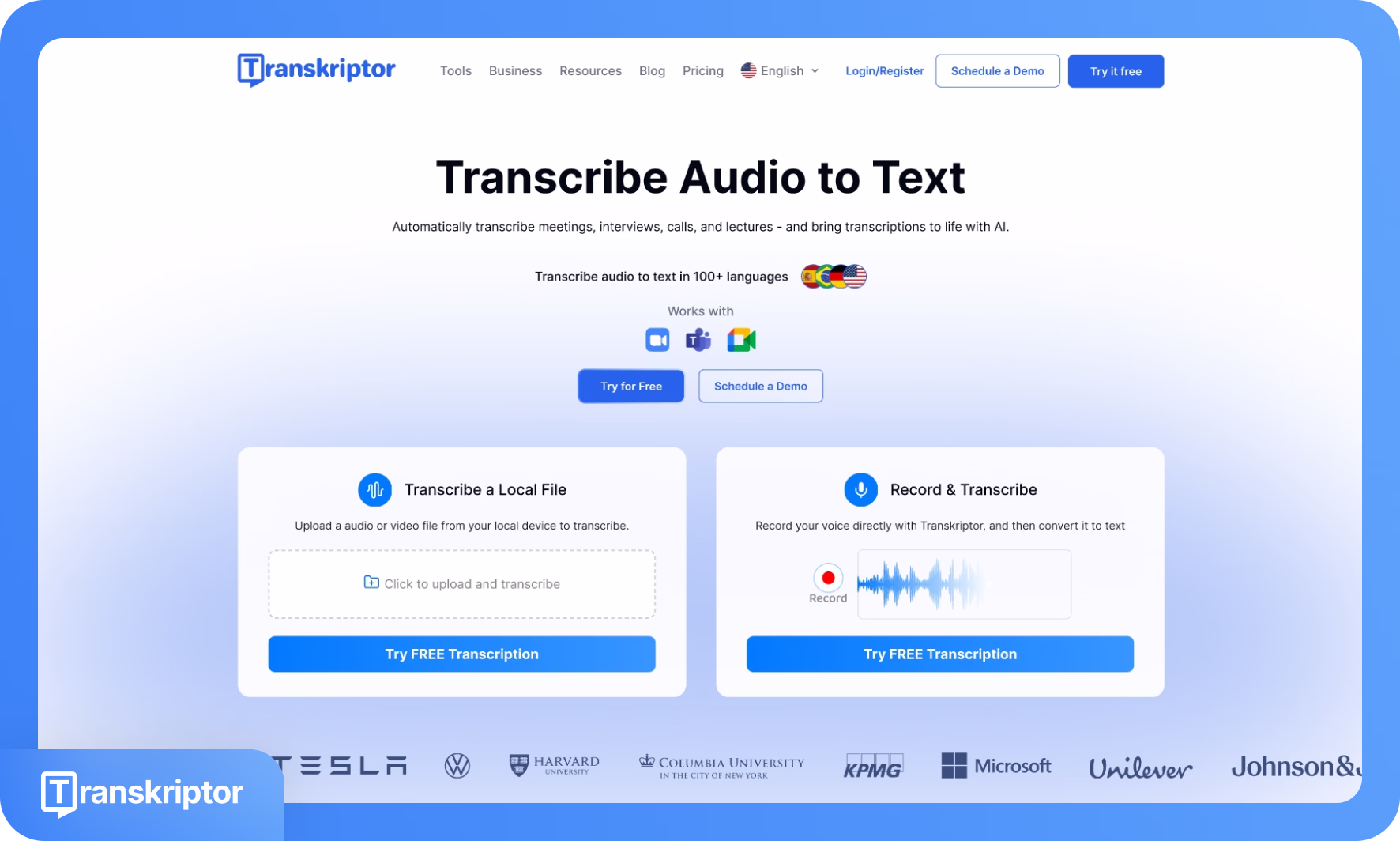 موقع Transkriptor يعرض خدمة نسخ الصوت مع خيارات اللغة والقدرات