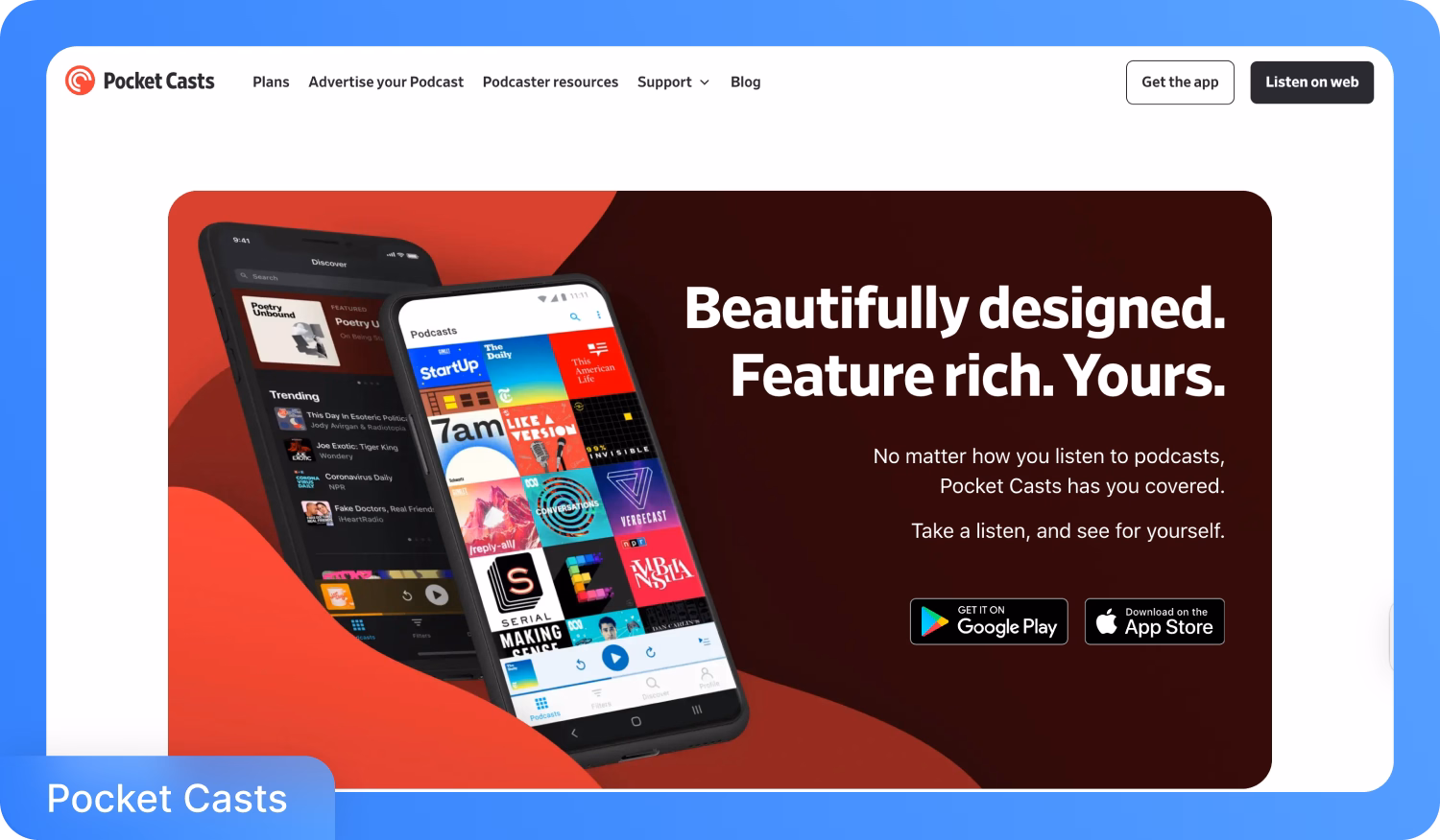 Pocket Casts app met een prachtig ontworpen podcast-interface.