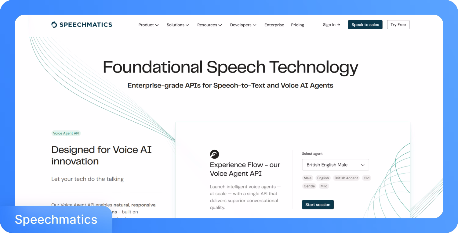 Page d'accueil de Speechmatics présentant des API de qualité entreprise pour la conversion parole-texte et les agents d'IA vocale.
