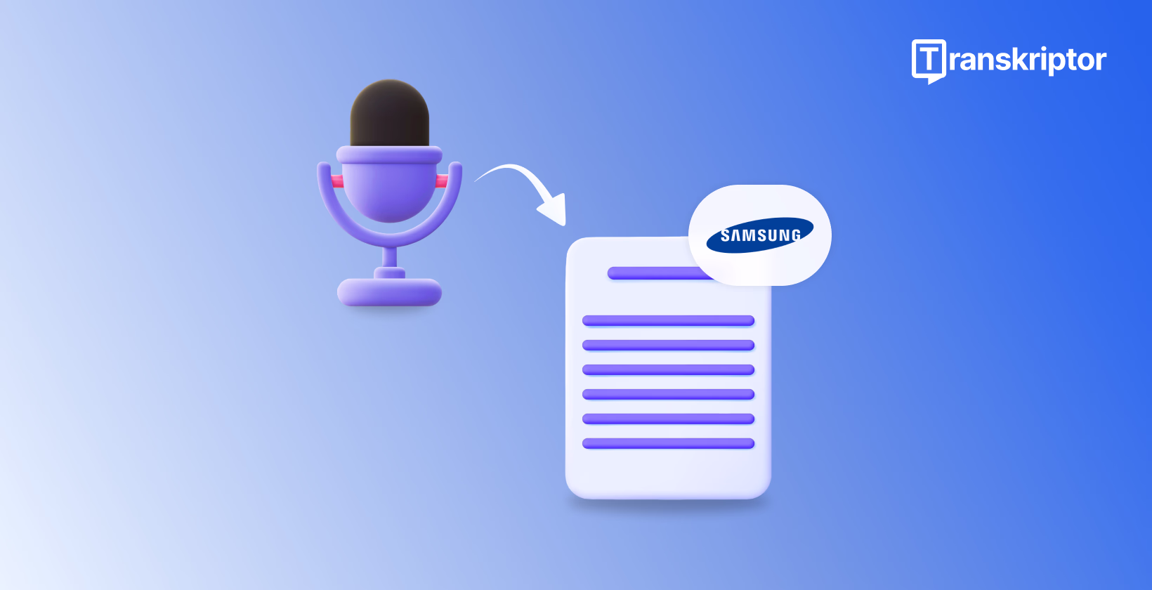 Violetinis mikrofono piktograma su rodykle, nukreipta į „Samsung" prekės ženklo dokumentą, rodantį balso į tekstą konvertavimo procesą