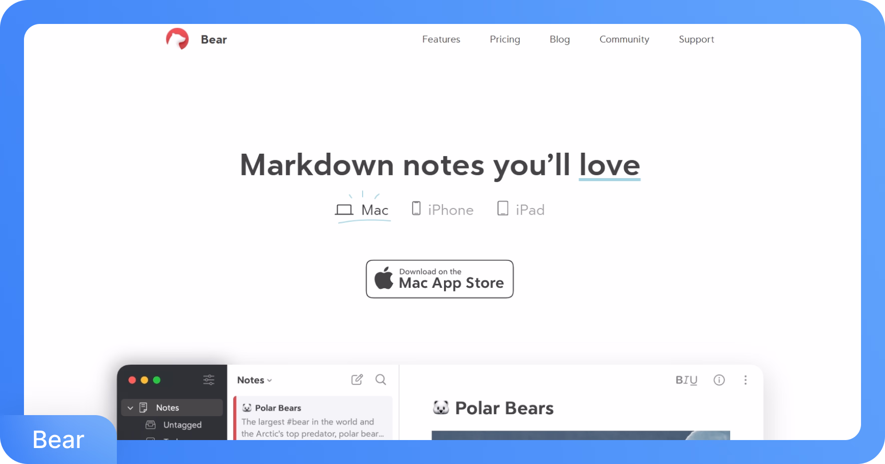 Application de prise de notes Bear montrant une interface d'édition markdown avec un exemple de note sur les ours polaires