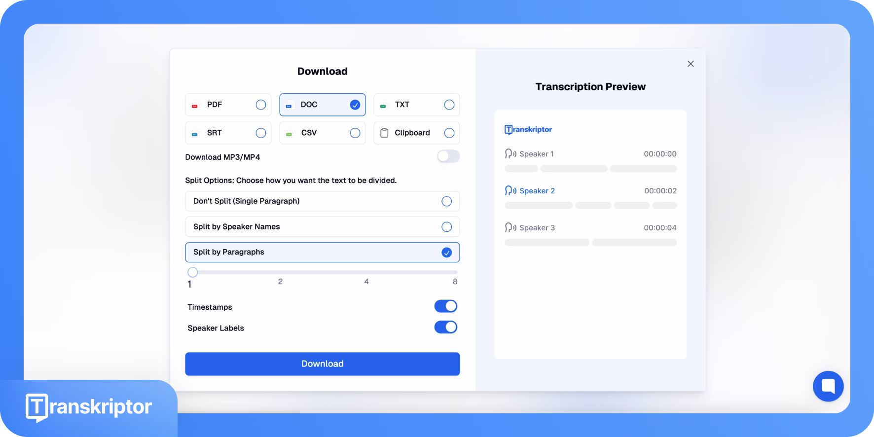 Transkriptor-Download-Optionen mit Dateiformaten und Absatzteilungseinstellungen