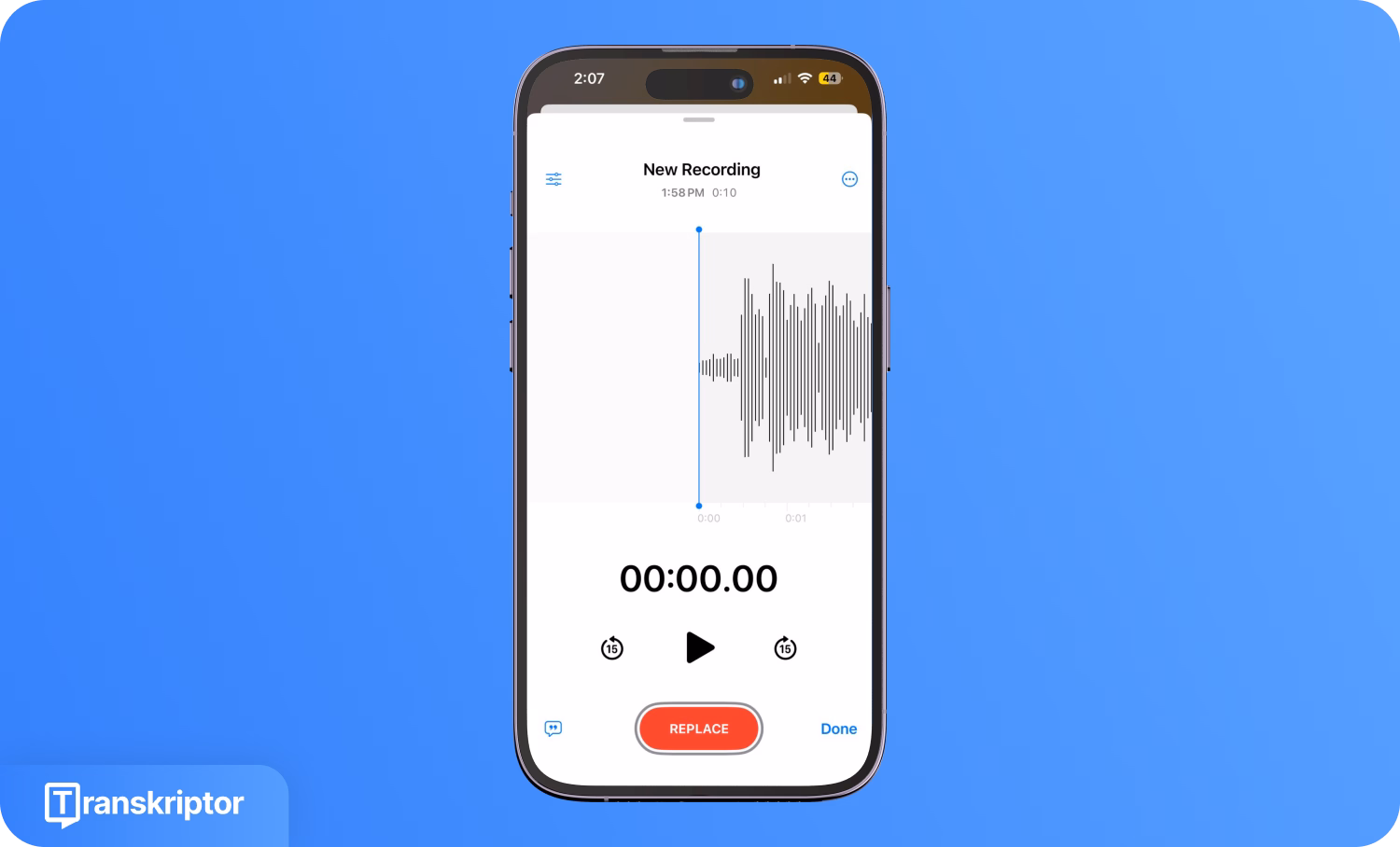 Экран iPhone с интерфейсом записи голосовых заметок и логотипом Transkriptor.