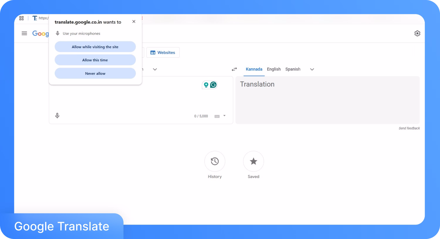 ป๊อปอัปขออนุญาตใช้ไมโครโฟนของ Google Translate เพื่อเปลี่ยนเสียงเป็นข้อความ
