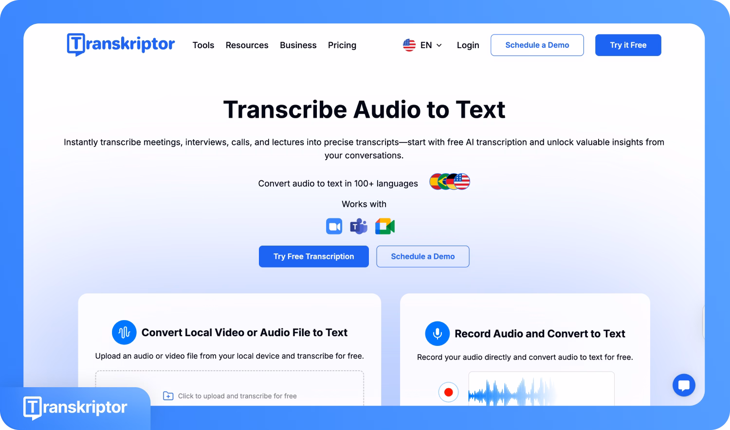 หน้าแรกของ Transkriptor ที่นำเสนอการถอดความเสียงเป็นข้อความในหลายภาษา