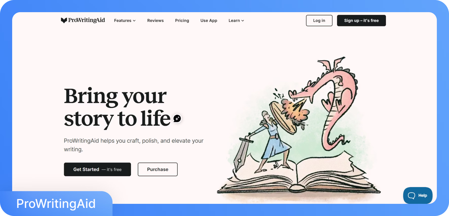 Page d'accueil de ProWritingAid avec une illustration de dragon en dessin animé et un accent sur la narration