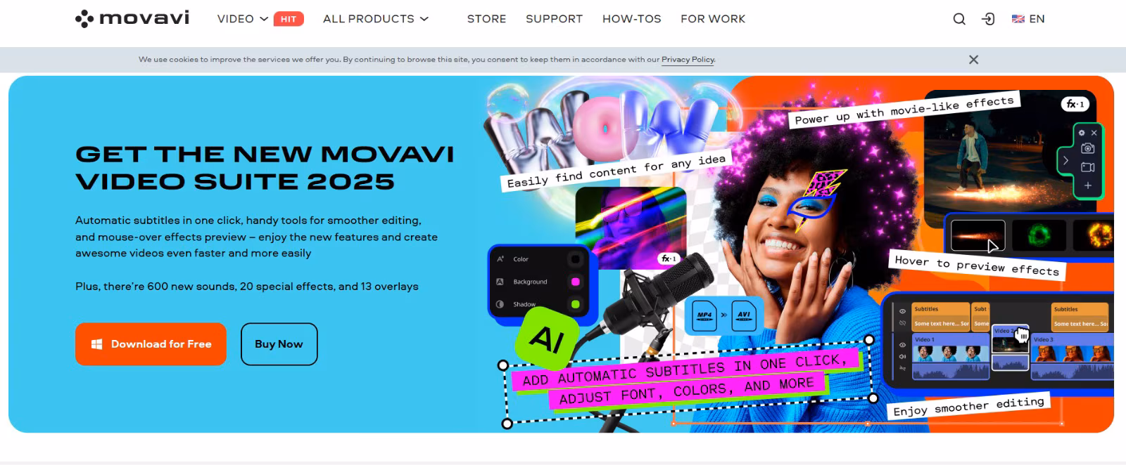Bannière promotionnelle pour Movavi Video Suite 2026 montrant les éléments d'interface et fonctionnalités d'édition