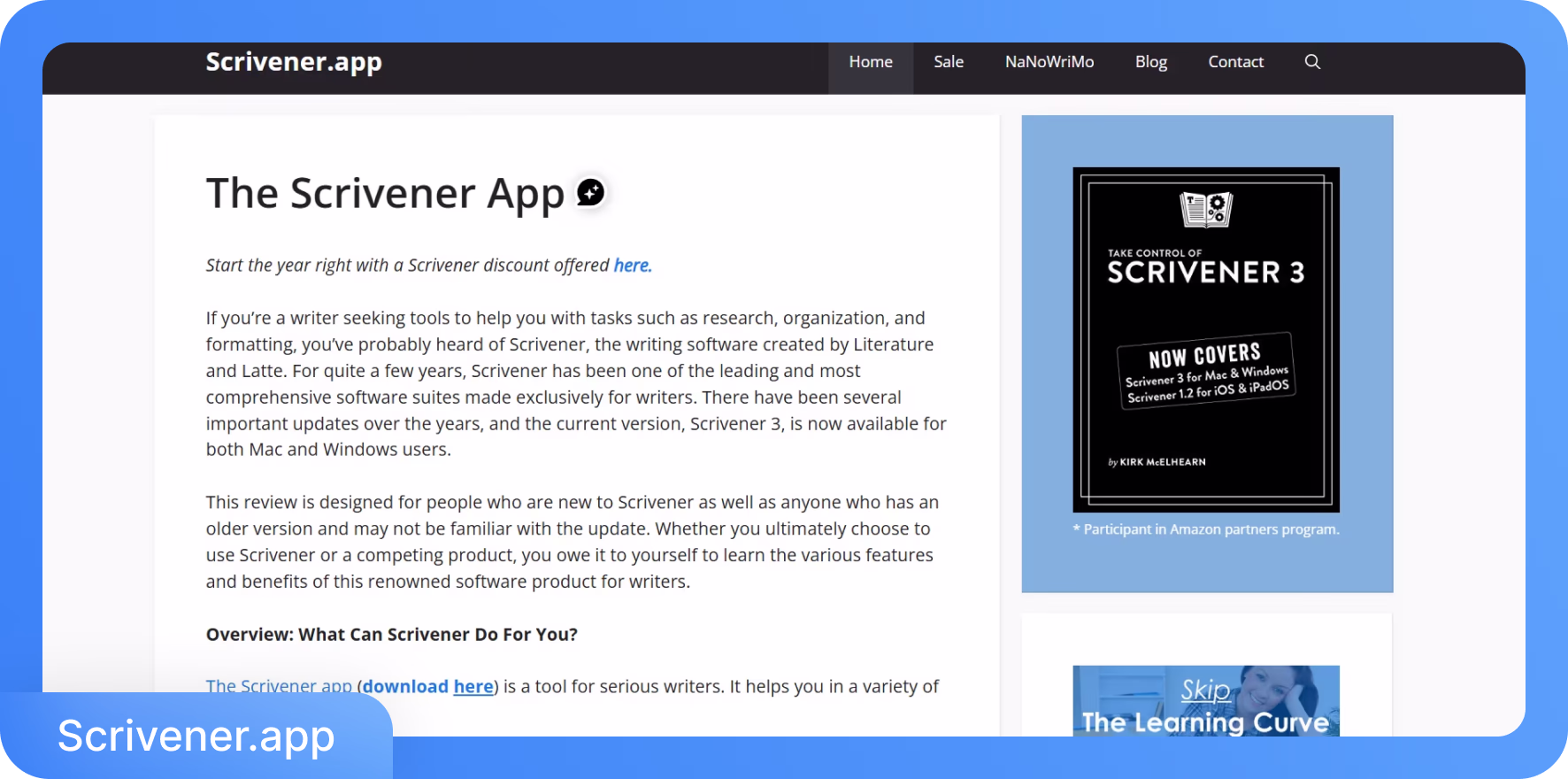 Site web de l'application Scrivener montrant les informations et les fonctionnalités du produit pour les écrivains