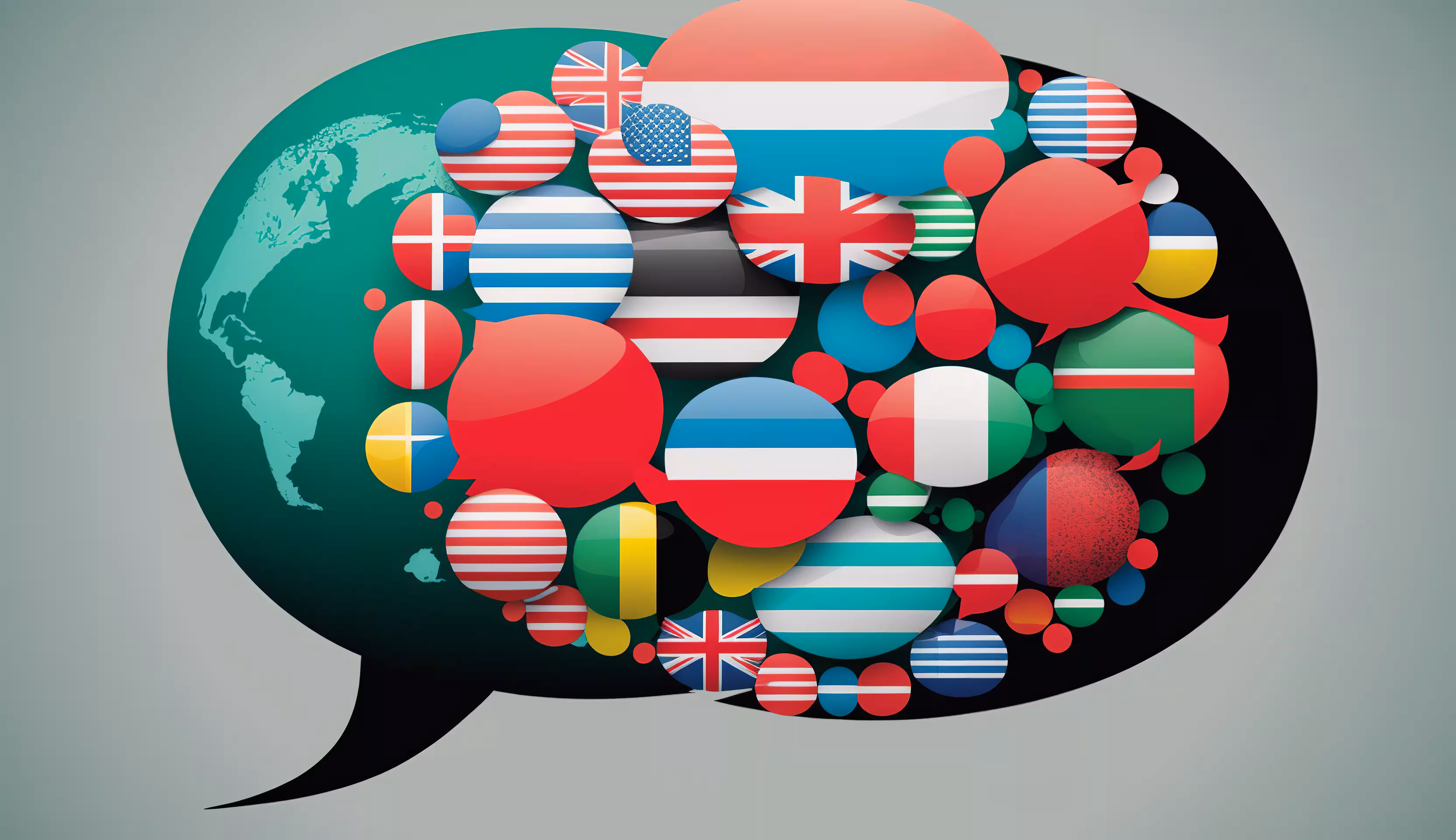 Graphique de bulle de dialogue rempli de drapeaux nationaux représentant différentes langues sur fond turquoise