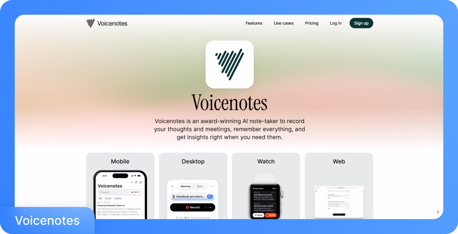 AI nástroj Voicenotes pro nahrávání myšlenek a schůzek napříč zařízeními.