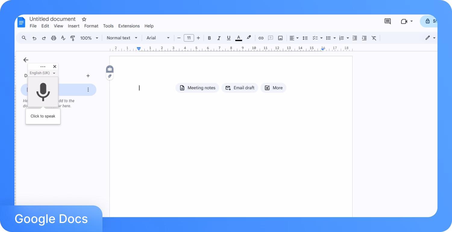 Rozhraní Dokumentů Google s aktivovanou funkcí hlasového zadávání.