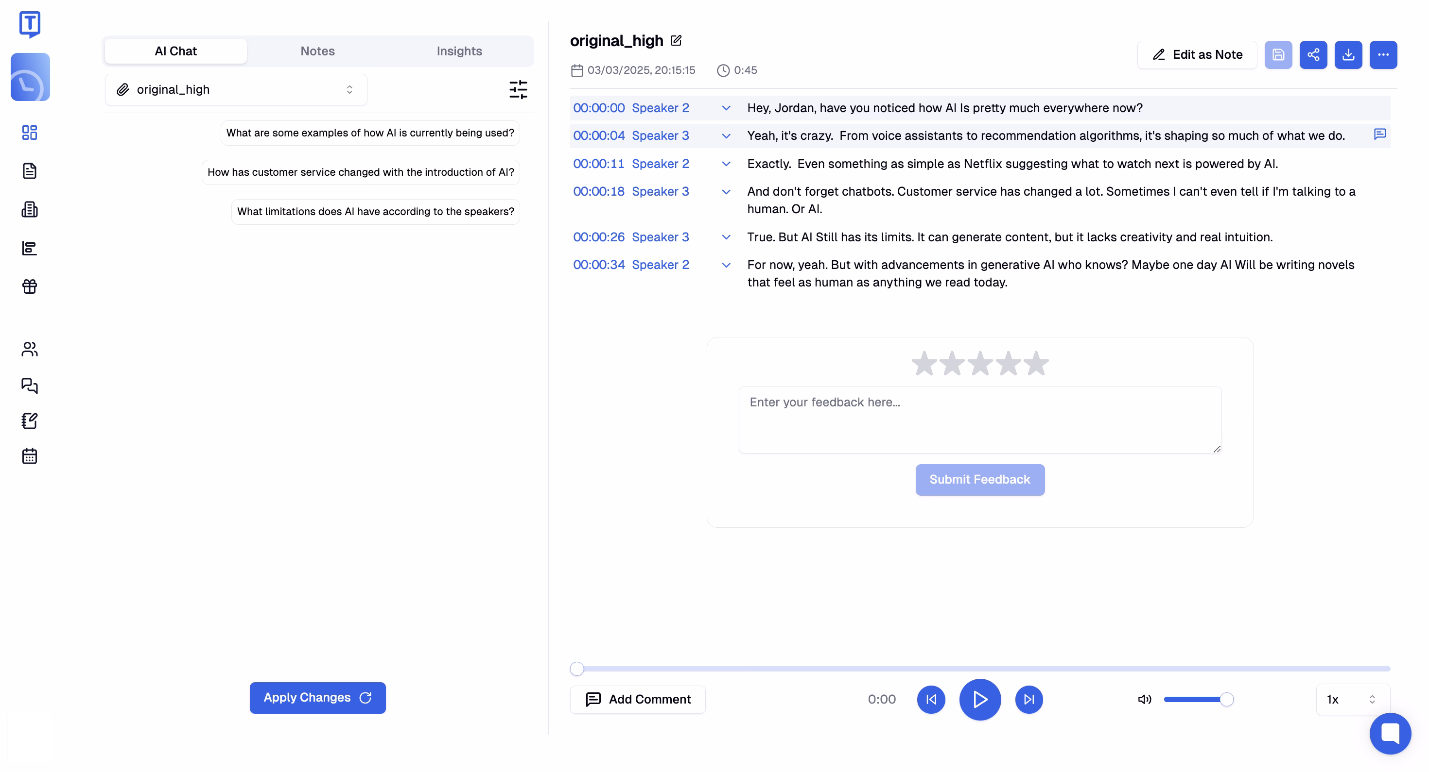 Interface de conversação com IA com identificação de locutor e transcrição baseada em marcação de tempo