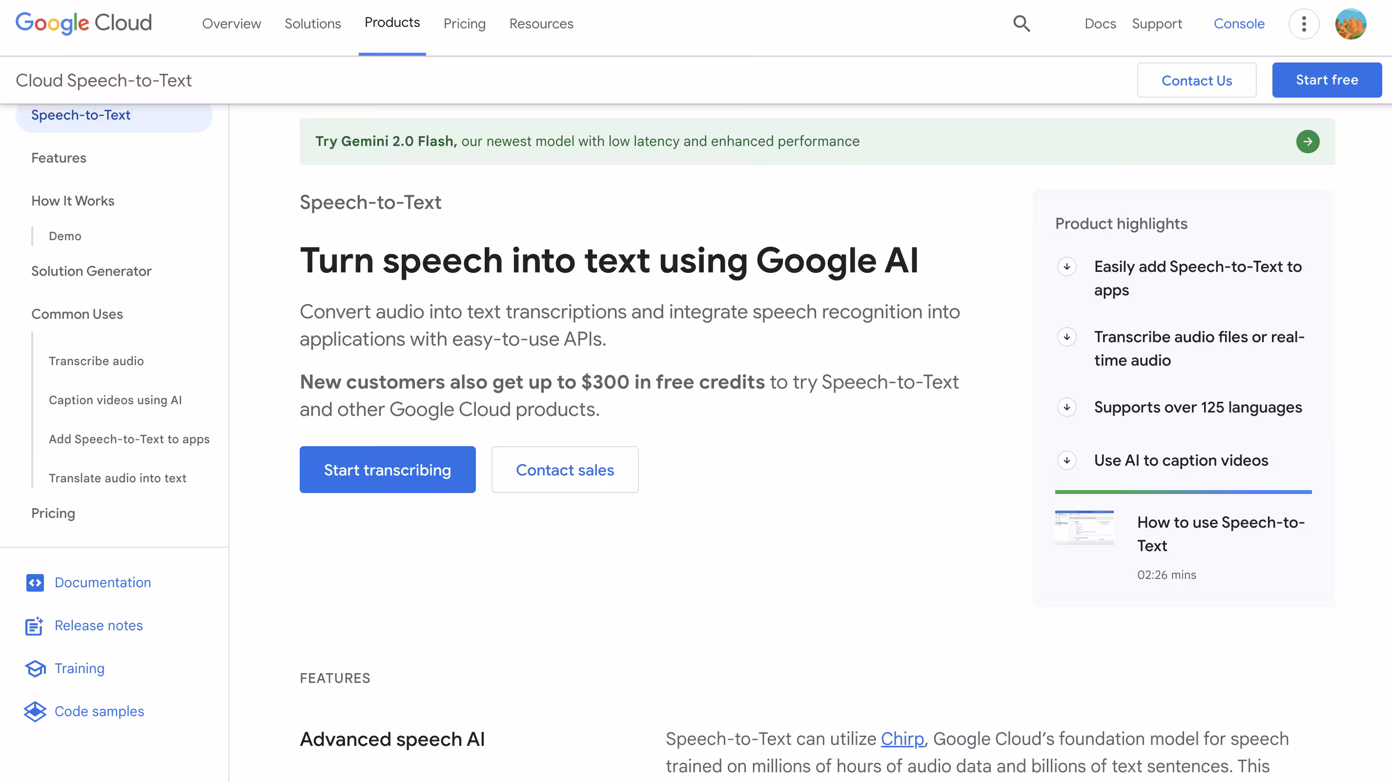 Strona usługi Google Cloud Speech-to-Text pokazująca funkcje i możliwości