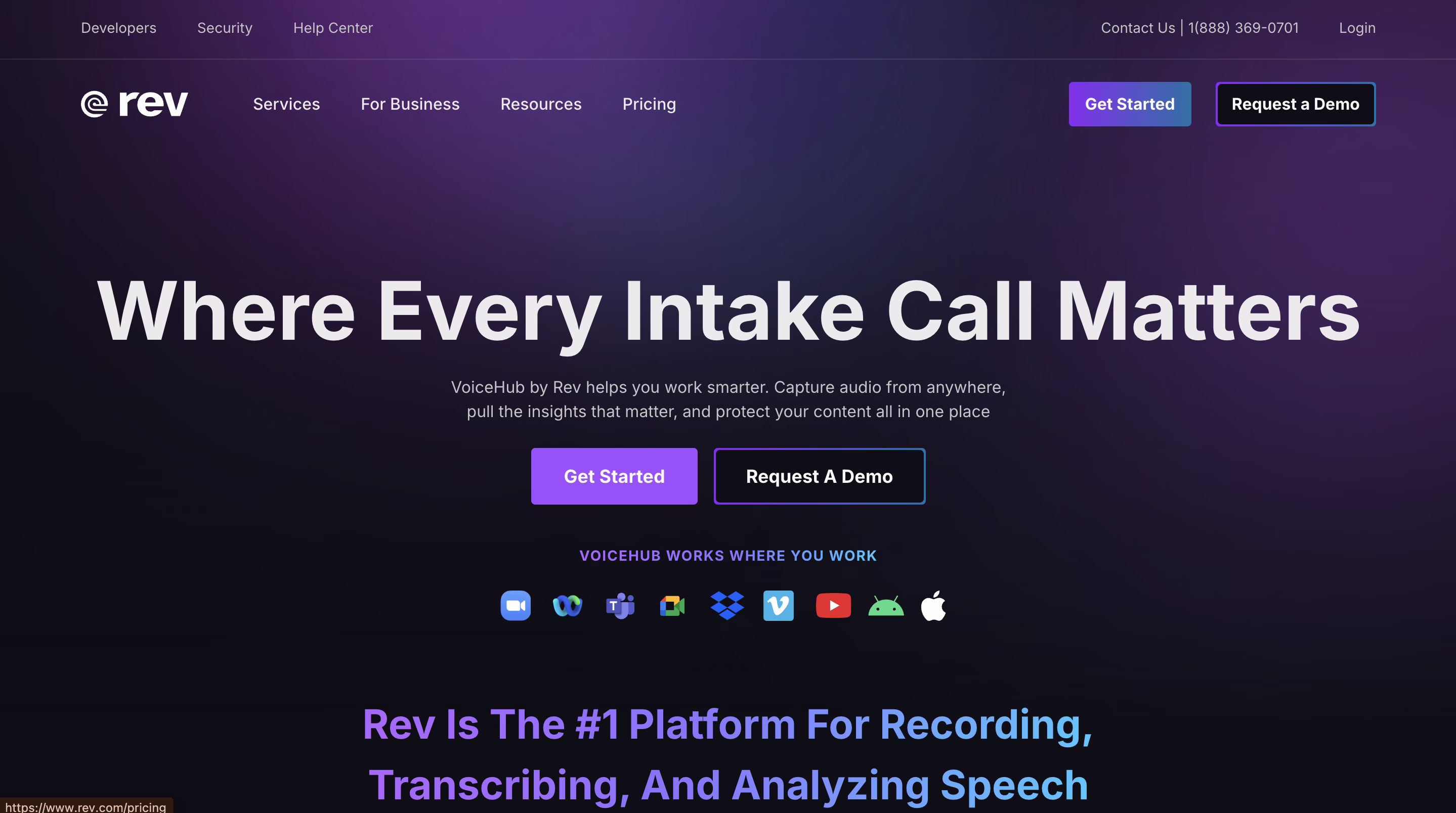 Rev VoiceHub प्लेटफ़ॉर्म होमपेज जो इंटेक कॉल प्रतिलिपि सेवाओं को दिखाता है