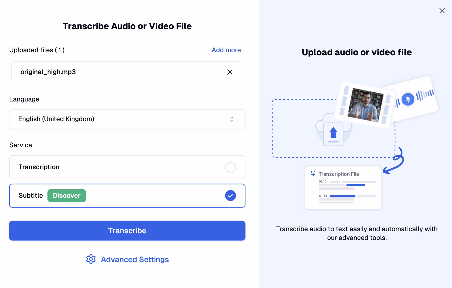 Interface de upload de arquivo de áudio com seleção de idioma e opções de geração de legendas