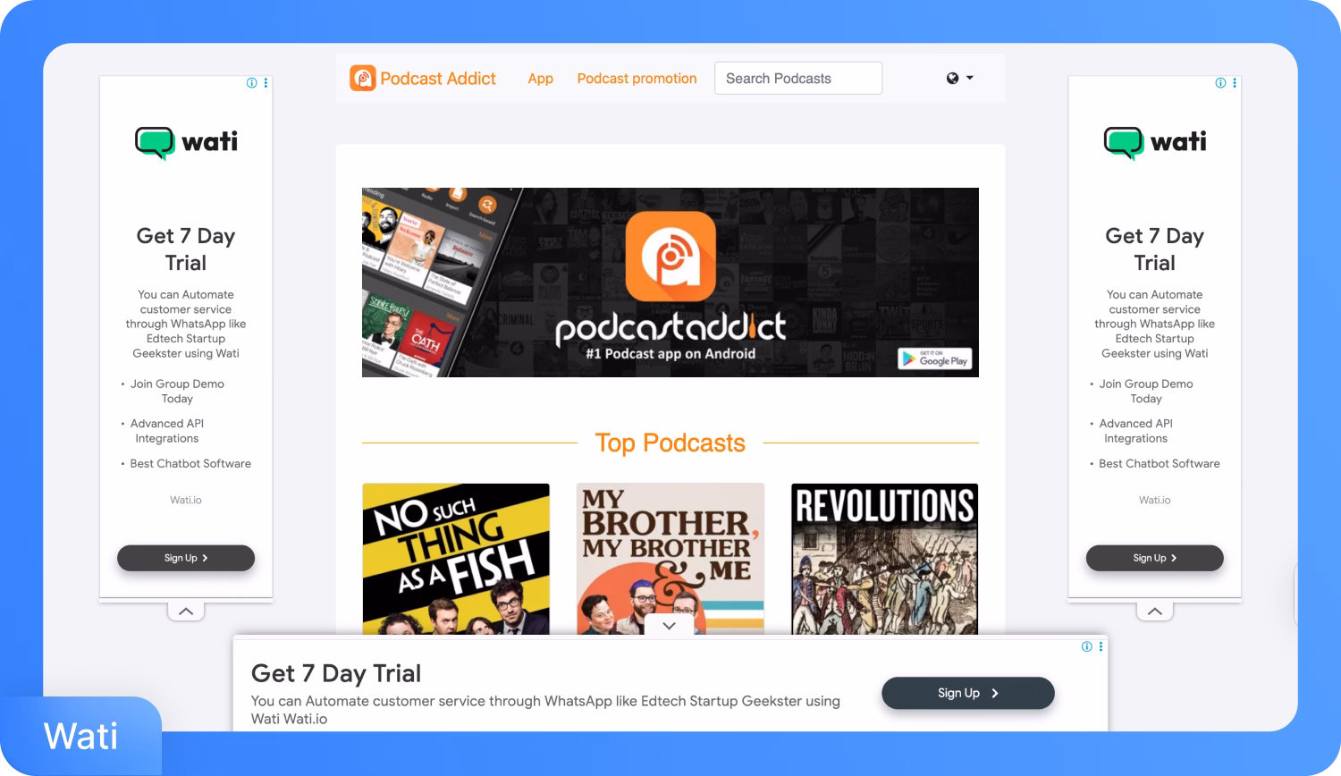 Podcast Addict app-pagina met Wati-advertentie voor een 7-daagse proefversie.